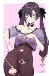 1girls 2021 absurd_res alternate_breast_size areolae armpits belly_button black_choker black_hair black_pubic_hair blue_eyes blush blushing_at_viewer bodystocking bow bow_in_hair breasts casual_clothes choker cropped_shirt erect_nipples erect_nipples_under_clothes exposed_shoulders female female_focus female_only genshin_impact hair_ornament hand_on_chest hand_on_hip hi_res hips j.k. large_breasts long_hair looking_at_viewer low_neckline mischievous_smile mona_(genshin_impact) nipples nipples_visible_through_clothing pantyhose pubic_hair pubic_hair_peek purple_shirt simple_background smile smiling smiling_at_viewer teasing teasing_viewer thick_thighs thigh_gap thighs tongue tongue_out torn_clothes twintails underboob very_long_hair wet_shirt wide_hips