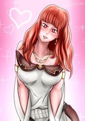 1girls bangs bare_arms bmd18plus bmdraws celica_(fire_emblem) celica_(valentine)_(fire_emblem) clothed earrings fire_emblem fire_emblem_echoes:_shadows_of_valentia fully_clothed grin head_tilt heart-shaped_pupils large_breasts long_hair looking_at_viewer nintendo orange_hair red_eyes smile solo solo_female