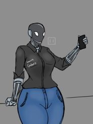 1girls 5_fingers alternate_species big_breasts breasts clothed clothes clothing english_text eyelashes female female_only fully_clothed hips humanoid jeans large_breasts mouthless no_mouth no_pupils phone robot robot_girl robot_humanoid rough_sketch samsung samsung_galaxy samsung_sam shirt solo solo_female text text_on_clothing the_boi_in_box thick thick_thighs thighs voluptuous white_eyes white_sclera wide_hips