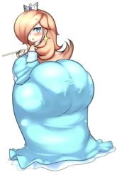 ass blonde_hair blue_eyes blush crown dress earrings female female_focus female_only hips hyper_ass imcoffeecakes large_ass long_hair looking_back mario_(series) nintendo pantylines princess_rosalina star super_mario_galaxy thick_thighs thighs tight_clothing transparent_background wand wide_hips