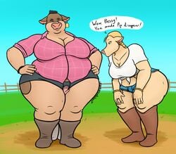 1boy 2girls abby_(back_at_the_barnyard) anthro ass back_at_the_barnyard belly bessy_(back_at_the_barnyard) big_belly big_breasts big_butt blonde_hair bovid bovine breasts brown_body brown_fur clothed clothing digital_media_(artwork) duo ear_piercing ear_ring english_text female female_on_top fence fur green_eyes hair hi_res larger_female male mammal nickelodeon nude obese obese_anthro obese_female on_top overweight overweight_anthro overweight_female oystercatcher7 piercing pip_(back_at_the_barnyard) presenting sandwiched simple_background size_difference smaller_male solo text thick_thighs topwear unseen_male_face wide_hips