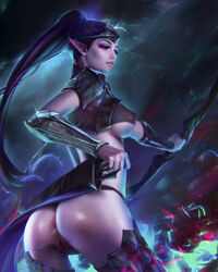 1girls anus armor ass asshole bottomless bow_(weapon) coldheart dark_elf demonlorddante elf elf_ears elf_female long_hair pale_skin pointy_ears purple_hair pussy pussy_lips raid_shadow_legends realistic red_eyes solo solo_female underboob vagina