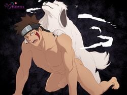 1boy abs abstract_background absurd_res absurdres akamaru_(naruto) anal anal_penetration anal_sex aroused bidbrock boner brown_hair claws color dog doggy_style doggystyle erect_penis erection face_markings fangs feet feral_on_human gay grin headband human inuzuka_kiba kneeling legs_apart looking_at_viewer male male/male male_only muscle muscles muscular muscular_male naruto naruto_(series) naruto_shippuden nipples nude on_knees pecs penis sex sharp_teeth simple_background slit_pupils spread_legs tail toes what white_fur yaoi zoophilia