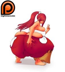 1girls ass_cleavage ass_focus ass_grab big_ass butt_crack erza_scarlet fairy_tail grabbing_own_ass huge_ass looking_at_viewer looking_back nightmarexbx peace_sign red_hair squatting