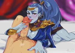 blue_hair blue_skin blush breasts circlet cleavage clothed_female_nude_male earrings fellatio female hades_(game) hand_on_stomach huge_cock kirass kirass3 large_breasts large_penis lipstick looking_at_viewer male/female male_pov megaera_(hades) penis ponytail pov pubic_hair red_eyes sex smile tongue unseen_male_face veiny_penis very_long_hair