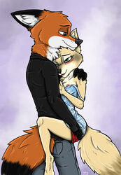 2020 aliya_sari_(readerno31142) anthro arm_around_shoulders bad_guy_cafe black_nose blush breasts canid canine carrying carrying_partner clothed clothing corsac_fox countershade_face countershade_torso countershading digital_media_(artwork) dipstick_ears dipstick_tail dress duo female fox fur hand_on_leg hand_on_shoulder happy head_on_chest head_on_head hi_res inner_ear_fluff looking_at_another looking_at_partner male male/female mammal multicolored_body multicolored_ears multicolored_fur multicolored_tail nipples off_shoulder one_breast_out red_body red_fox red_fur romantic romantic_couple siljan_clawson smile standing tan_body tan_fur tuft two_tone_body two_tone_fur white_body white_countershading white_fur ziegelzeig