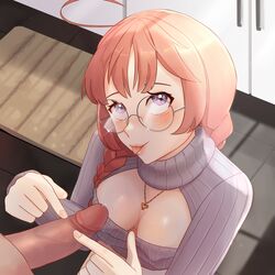 1boy 1girls bangs blush braided_ponytail breasts cleavage cleavage_cutout cute faceless_male female female_focus glasses illuna_(renalucent) looking_up male necklace original original_character penis ponytail precum purple_eyes red_hair renalucent smile solo_focus straight tongue_out touching_penis uncensored