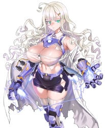 asanagi big_breasts carl_friedrich_gauss_(eiyuu_senki) curly_hair curvy eiyuu_senki gloves green_eyes huge_breasts long_hair looking_at_viewer mechanical_arm midriff miniskirt mole_under_eye monocle pale-skinned_female pale_skin shoulders thick_thighs thighhighs white_hair wide_hips