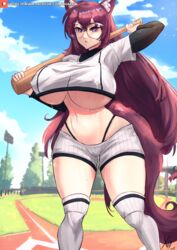 1girls animal_ears animal_tail artist_signature baseball_bat baseball_field baseball_uniform big_breasts big_tail black_panties black_sleeves breasts clothed clothed_female crop_top female female_only glasses kemonomimi large_breasts layered_skirt legwear long_hair long_sleeves long_socks looking_at_viewer mitsuki_(hanns33694210) navel nipple_bulge nipples open_mouth original original_character outside pale-skinned_female pale_skin panties purple_eyes purple_hair purple_tail short_shorts short_sleeves shorts sky small_clothes socks solo solo_female standing stomach sweat sweaty tail thick_thighs thigh_gap thighs underboob very_long_hair white_clothing white_legwear white_shirt white_shorts white_socks wolf_ears wolf_girl wolf_tail wolfgirl xhaart