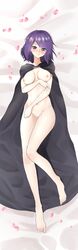 1girls areolae barefoot bed_sheet black_cape blush breasts cape dakimakura dakimakura_(medium) dakimakura_design fault_milestone female flower_petals looking_at_viewer naked_cape nipples purple_eyes purple_hair ritona_reighnvhasta smile