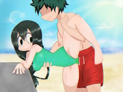 1boy 1boy1girl 1girls asui_tsuyu beach big_thighs boku_no_hero_academia clothed erection erection_under_clothes female freckles frog_girl green_eyes green_hair green_swimsuit hand_on_belly holding_leg imminent_sex izuku_midoriya lifting_leg light_skin long_hair looking_down mad_mex male male/female midoriya_izuku my_hero_academia nervous swim_trunks swimsuit thick_thighs thighs tied_hair tsuyu_asui