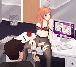 1boy 1girls areola_slip areolae blush bra braided_twintails breasts cellphone cellphone_camera computer desk female female_focus illuna_(renalucent) keyboard male nipple_slip nipples off_shoulder office original original_character pantyhose purple_eyes pussy red_hair renalucent sitting sitting_on_desk smile solo_focus straight torn_pantyhose twintails uncensored