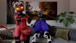 3d_(artwork) absurd_res anthro ass balls big_balls big_breasts big_butt big_penis black_body blender_(artwork) breasts canid canine canis crimsomdark digital_media_(artwork) duo female genitals hellaverse helluva_boss hi_res highwire_(nyaasapphire) imp inside male mammal moxxie_(helluva_boss) moxxie_(valorlynz) penis red_body wolf yellow_eyes