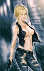 1girls 2010 areola_slip areolae aya_brea big_breasts blonde_hair breasts female female_only gun masateru medium_hair parasite_eve sideboob solo