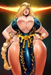 ai_generated blonde_hair cleavage cleavage_overflow deep_cleavage elden_ring flaccid_penis from_below fromsoftware full_cleavage futanari golden_eyes golden_hair hands_on_hips huge_breasts huge_cock looking_down_at_viewer penis_outline queen_marika_the_eternal queenlucifugus taker_pov thick_lips wide_hips