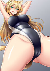 animal_ears arms_behind_head arms_up blonde_hair blush breasts cameltoe green_eyes looking_at_viewer looking_down nokoppa one-piece_swimsuit original standing swimsuit tagme