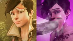 1boy 1girls 3d big_penis blackedlila dark-skinned_male dark_skin eyewear_on_head fellatio female huge_cock interracial male overwatch pan-african_flag straight tattoo tracer