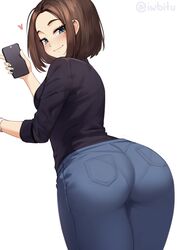 1girls ass big_ass big_butt blue_eyes blue_nails breasts brown_hair butt female female_only freckles hips huge_ass huge_butt iwbitu jeans large_ass large_butt looking_at_viewer looking_back mole mole_under_eye nail_polish pants pantylines phone samsung samsung_sam smile solo solo_female thick thick_ass thick_thighs thighs tight_jeans tight_pants white_background wide_hips