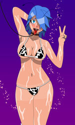 1girls absurd_res ahe_gao alternate_breast_size antennae azera big_breasts blue_hair blush collar cow_print cow_print_bikini cum cum_everywhere cum_in_mouth cum_on_body cum_on_breasts cum_on_tongue cum_on_upper_body curvy cyan_eyes hair_over_one_eye hands_behind_head leash milking original_character peace_sign qball solo spiky_hair tanline thick_thighs wet wide_hips