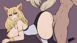 ahri animated big_ass big_breasts big_butt blonde_hair breasts cat_ears dark-skinned_male doggy_style eduuux eye_contact fox_ears fox_girl fox_tail k/da_ahri k/da_series league_of_legends looking_back loop male minishorts naughty_face nipples penis pink_nipples pussy_juice testicles vaginal_penetration