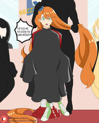 !!? 1boy 3girls black_cape black_hair black_hair_female blonde blonde_female blonde_hair clippers green_eyes green_shoes hair_fetish hair_grab hair_on_floor hair_salon haircut headshave humiliation mirror mirror_reflection oc open_mouth orange_hair orange_hair_female original_character red_chair red_hair shocked shocked_expression shocked_eyes shocked_face unseen_male_face wildhl