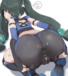 1girls android android_girl anus anus_visible_through_clothes ass ass_focus ass_support big_ass black_shorts breasts bubble_ass bubble_butt clothing female female_only green_hair hair hair_ornament hands_on_ass huge_ass kim_somang korean_text large_ass looking_back police police_uniform policewoman pussy pussy_visible_through_clothes qingyi_(zenless_zone_zero) shorts solo solo_female speech_bubble spreading spreading_ass text thighs translation_request twintails zenless_zone_zero