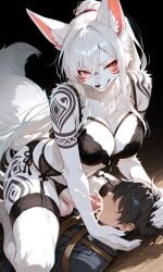 ai_generated anthro_on_human bodily_fluids bondage cum_in_mouth dominant_futa fox furry futa_on_male futanari glanzend lace_lingerie lingerie original_character sitting_on_person teell throat_fuck