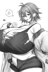 anger_vein blush curvy doinaka embarrassed gigantic_breasts hyper hyper_breasts looking_at_viewer plump short_hair spoken_anger_vein sweatdrop thick_thighs tomboy torn_clothes voluptuous wide_hips