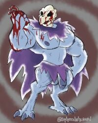 2025 3_toes 4:5 american_mythology anthro artist_name avian balls big_balls big_muscles big_penis bird blood blood_on_arm blood_on_chest blood_on_face blood_on_hand bluesky_handle bodily_fluids bone bottomwear cape claws clothing corvid corvus_(genus) digital_media_(artwork) feet fingers flaccid front_view genitals gore gradient_penis grey_balls grey_body grey_penis hand_on_hip heart_(organ) hi_res holding_heart holding_object humanoid_genitalia humanoid_penis ineffective_clothing ineffective_loincloth loincloth male metazoo monster muscles muscular muscular_male mythological_avian mythological_bird mythological_creature mythology nipples open_mouth organs oscine passerine pattern_background pecs penis pose purple_bottomwear purple_cape purple_clothing purple_loincloth raven raven_mocker simple_background skull skull_head solo sophymn standing talons text toe_claws toes torn_cape torn_clothing