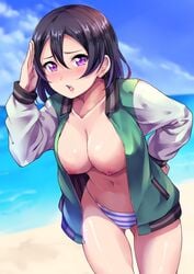 :o =o ass_visible_through_thighs bangs beach bikini bikini_bottom bikini_top_removed black_hair blue_sky blush breasts cleavage cloud collarbone cowboy_shot day embarrassed female green_jacket hair_between_eyes hand_on_hip hand_up highres horizontal_stripes jacket kanabun large_breasts leaning_forward letterman_jacket looking_at_viewer love_live! love_live!_sunshine!! love_live!_sunshine!!_the_school_idol_movie_over_the_rainbow midriff navel nipples nose_blush open_clothes open_jacket open_mouth outdoors purple_eyes salute shiny shiny_skin short_hair sky solo standing stomach striped striped_bikini swimsuit thighs topless two-sided_fabric two-sided_jacket two-tone_jacket unzipped watanabe_tsuki white_jacket