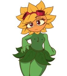 artist_request breasts green_skin leaf plant plantie plants_vs_zombies:_heroes red_goggles skirt_pull solar_flare_(pvz)