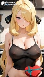1girls 2026 ai_assisted ai_generated anime artist_name blonde_hair box breasts bust covered_nipples cynthia_(pokemon) explicit female female_only gift gift_box grey_eyes hi_res high_quality high_resolution highres holding long_hair patreon patreon_username pokemon skypassion stable_diffusion tile_wall tiles valentine valentine's_day valentines_day watermark
