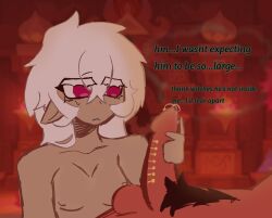 big_penis black_hair burning_spice_cookie cookie_run cookie_run_kingdom female gold_jewelry hand_on_penis handjob male pierced_genitals pierced_penis piercings precum red_eyes red_skin tan_skin thinking white_hair white_lily_cookie