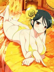 ass bikini black_hair bracelet breasts brown_eyes double_bun female highres jewelry lying meimei_(senran_kagura) necklace on_bed senran_kagura swimsuit yaegashi_nan yellow_bikini