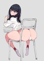 1girls anus ass ass_focus black_hair blue_eyes bottomless chair huge_ass light-skinned_female long_hair looking_at_viewer poin pussy shirt shoes simple_background sitting solo ssss.gridman takarada_rikka triangular_anus