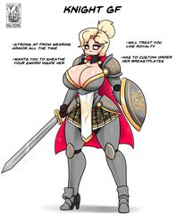 1girls alternate_version_at_source alternate_version_available armor artist_logo artist_name big_breasts blonde_hair breasts cape cleavage collarbone eyebrows_visible_through_hair female female_knight female_only haloowl high_heels holding holding_object holding_shield holding_sword huge_breasts ideal_gf knight large_breasts original short_hair smile solo solo_female standing tagme text tied_hair white_background