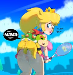 1boy 1girls anal anal_sex anus ass ass_grab athletic backsack big_breasts blonde_hair blue_eyes bowser_jr. breasts bubble_butt crown curvy day earrings english_text from_behind from_behind_position huge_ass human human_on_anthro incest_play lipstick looking_back male_anus mario_(series) mario_tennis mommy_kink nintendo outdoors outside perching_position pink_lipstick pink_shirt pink_skirt ponytail princess_peach pussy questionable_consent sex size_difference somescrub sports sweat tennis_racket tennis_uniform testicles text thick_lips thick_thighs voluptuous wristbands