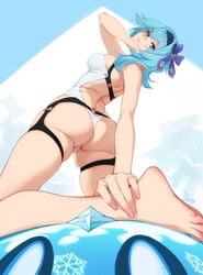 back_view blue_hair bow eula_(genshin_impact) feguimel female_only genshin_impact looking_at_viewer medium_breasts medium_hair one-piece_swimsuit plump_ass purple_eyes slime slime_(genshin_impact) slime_monster solo stretching swimsuit thick_thighs