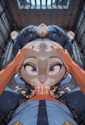 ai_generated anthropomorphic bars blue_uniform blush cage close_up drooling ears fourth_wall furry hands judy_hopps looking_at_viewer lying_down open_mouth parody pov purple_eyes rabbit saliva stone_wall tongue top_down_view touching zootopia