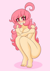 1girls blush breasts completely_nude completely_nude_female covered_breasts covering_breasts embarrassed embarrassed_nude_female enf female female_nudity female_only full_body heart-shaped_pupils limbros looking_at_viewer medium_hair melody_(limbros) naked naked_female nervous nude nude_female nudity oc original original_character pink_eyes pink_hair solo solo_female squatting