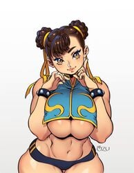 athletic athletic_female bare_midriff big_breasts bracelet breasts brown_hair bursting_breasts busty capcom chun-li female female_focus female_only hourglass_figure large_breasts long_hair navel overflowing_breasts ozu_momo sports_bra sportswear standing street_fighter tagme tied_hair underboob wide_hips