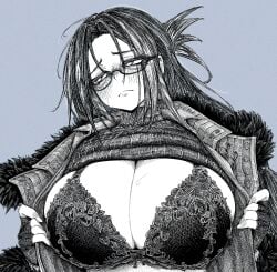1girls 2026 2d 2d_(artwork) anime_nose big_breasts black_and_white black_bra blue_background blue_theme blush blushing bra breasts breasts_out bust busty cleavage closed_mouth clothed clothing detailed_sketch digital_media_(artwork) embarrassed_female female female_only fingerless_gloves flushed flushed_face flustered front_view glasses gloves hair heavy_breasts hi_res huge_breasts human kyoeikyoei52906 large_breasts long_hair looking_away messy_hair monochrome mouth_closed ornate_bra overcoat pencil_(artwork) pencil_artwork pencil_strokes plain_background presenting presenting_cleavage simple_background sketch sketch_lines solo stroke sweat sweat_on_breasts sweatdrop sweater sweater_up top_lift turtleneck_sweater upper_body upper_body_only