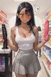 1girls ai ai_assisted ai_generated black_dildo blush breasts buy buying buying_sex_toy dildo dildo_in_hand embarrassed female female_focus female_only hayase_nagatoro holding_dildo legs market neckline pink_dildo please_don't_bully_me,_nagatoro tremble_lines trembling two_dildos veiny_dildo