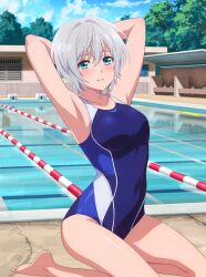 1girls barefoot kikuchi_fuuka medium_breasts poolside short_hair silver_hair sitting
