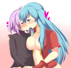 1boy 1girls blue_eyes blue_hair blush breast_press breasts_against_chest eirika_(fire_emblem) fire_emblem fire_emblem:_the_sacred_stones hug kissing light_blue_eyes light_blue_hair long_hair looking_at_another lyon_(fire_emblem) medium_breasts medium_hair miyako_(mongcocoa) nintendo open_clothes open_shirt purple_eyes purple_hair