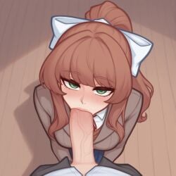1boy :>= bangs bedroom_eyes blowjob_pov blunt_bangs blush bow bowtie breasts brown_eyes brown_hair closed_mouth collared_shirt cum_in_mouth doki_doki_literature_club dress_shirt erection eyebrows_visible_through_hair facial fellatio female from_above green_eyes hair_ornament hair_ribbon hairbow high_ponytail indoors irrumatio jacket khan_kuervo kneeling large_breasts large_penis licking licking_penis long_hair long_sleeves looking_at_viewer looking_up monika_(doki_doki_literature_club) necktie nipples nose_blush open_mouth oral out_of_frame pants parted_lips penis pleated_skirt ponytail pov pov_eye_contact red_bow ribbon saliva school_uniform seductive_look shirt sidelocks sitting skirt solo_focus straight sweat sweater tongue_out uncensored veins veiny_penis white_bow white_shirt wooden_floor