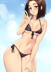 1girls beauty_mark bikini breasts brown_hair cleavage curvy female female_only highres iwbitu mole_under_eye samsung samsung_sam short_hair simple_background smile solo thick_thighs thighs wide_hips