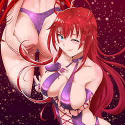 arm_under_breasts bikini blue_eyes blush bubble_butt fingerless_gloves high_school_dxd kleper975 large_breasts long_hair peace_sign red_hair rias_gremory voluptuous wink