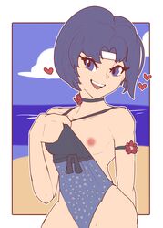 1girls alternate_costume bbdouble beach blue_eyes blue_hair blue_swimsuit catria_(fire_emblem) fire_emblem fire_emblem_echoes:_shadows_of_valentia fire_emblem_gaiden flashing headband looking_at_viewer medium_hair nintendo one-piece_swimsuit open_mouth open_smile short_hair small_breasts smile smiling_at_viewer solo solo_female source_request swimsuit