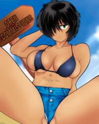 beach big_breasts bikini dark_skin green_eyes jean_shorts jeans josuedu large_breasts mysterious_girlfriend_x nazo_no_kanojo_x pale_skin short_hair side_view sideboob tan tanline urabe_mikoto